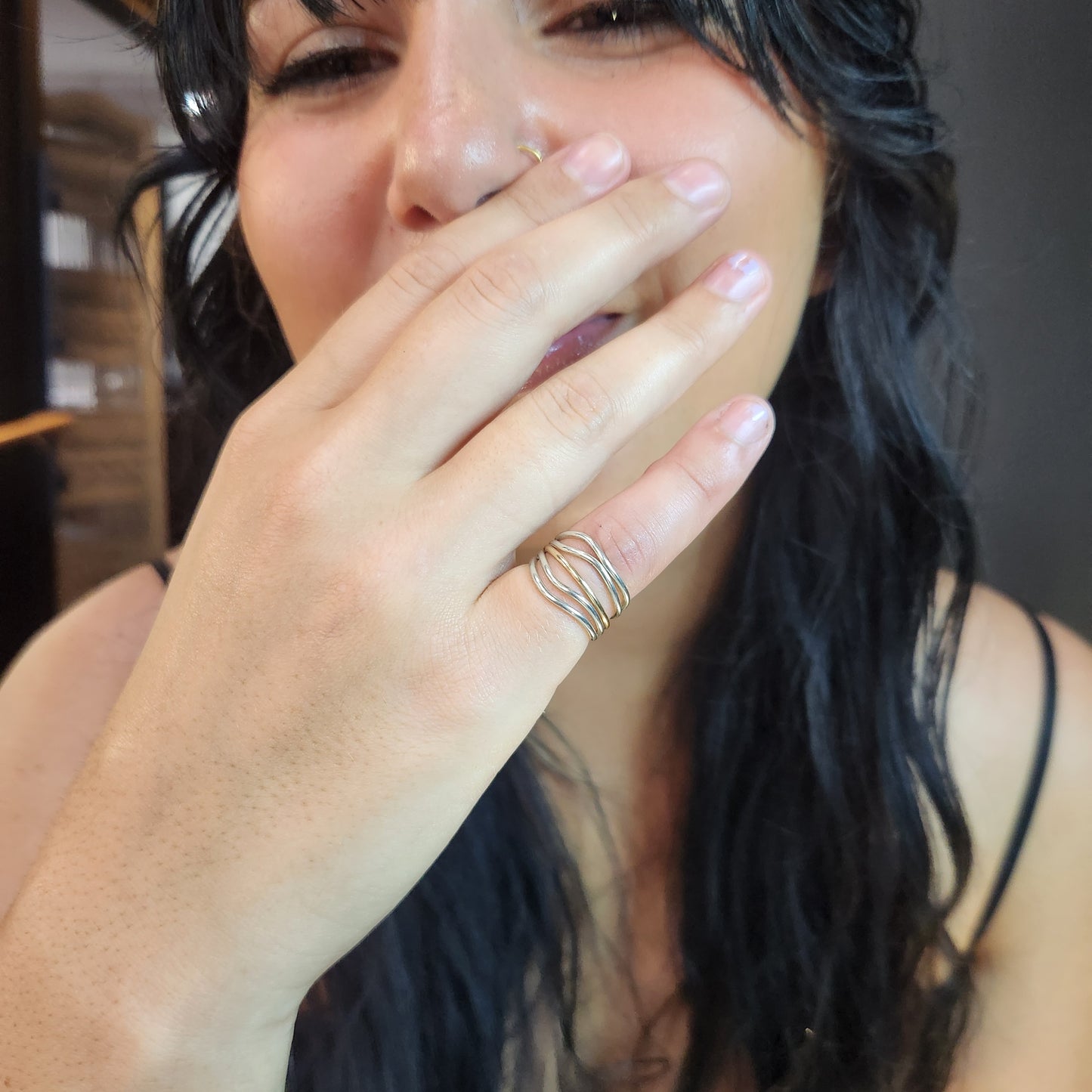 5 Strand Stacked Wave Ring – Argentium Silver with Yellow Gold or Bronze Accent | Modern Mixed Metal Statement Ring