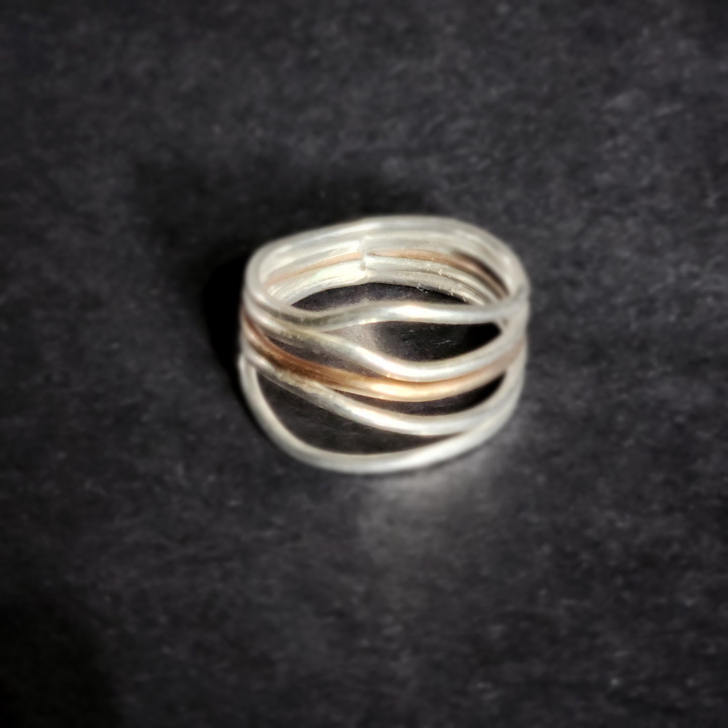 5 Strand Stacked Wave Ring – Argentium Silver with Yellow Gold or Bronze Accent | Modern Mixed Metal Statement Ring