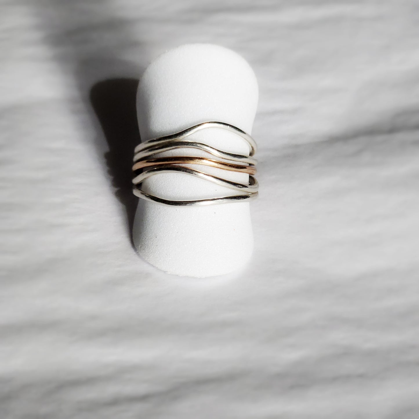 5 Strand Stacked Wave Ring – Argentium Silver with Yellow Gold or Bronze Accent | Modern Mixed Metal Statement Ring