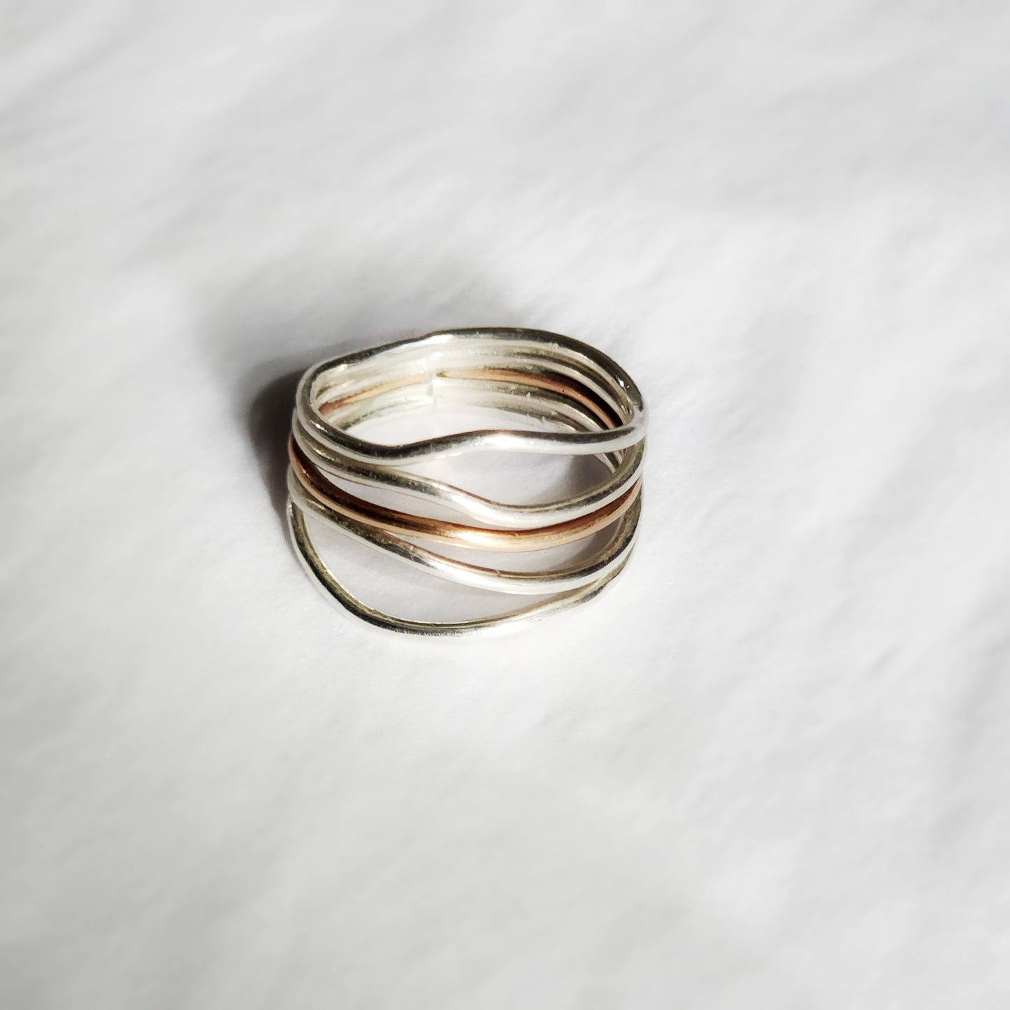 5 Strand Stacked Wave Ring – Argentium Silver with Yellow Gold or Bronze Accent | Modern Mixed Metal Statement Ring