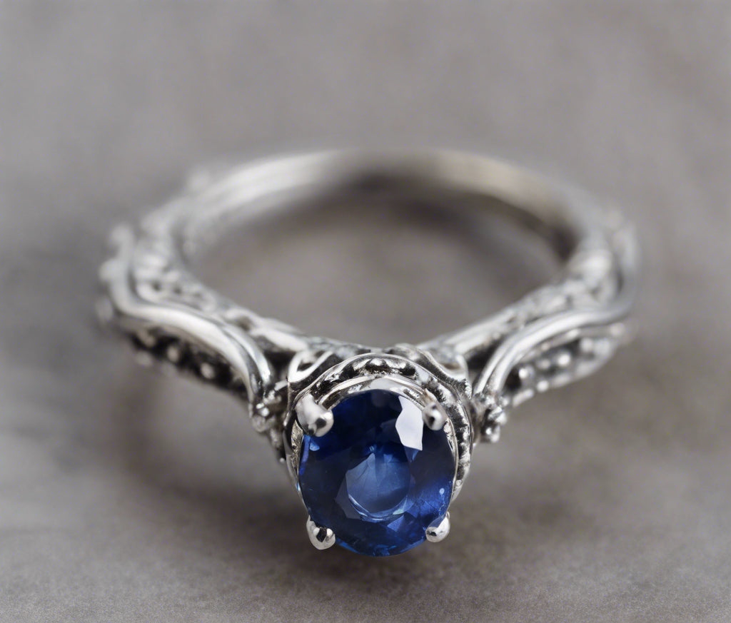 Silver ring with a blue sapphire on a gray background