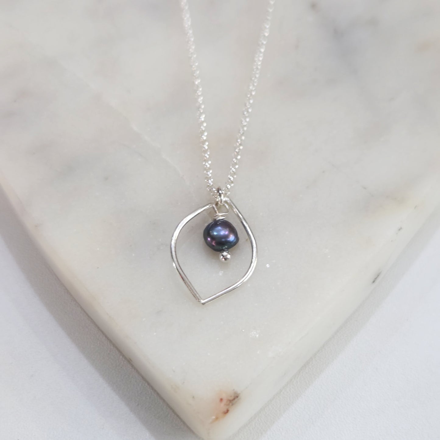 Sleek Marquise Pearl Necklace – Minimal Freshwater Pearl Pendant in Silver or Oxidized Finish