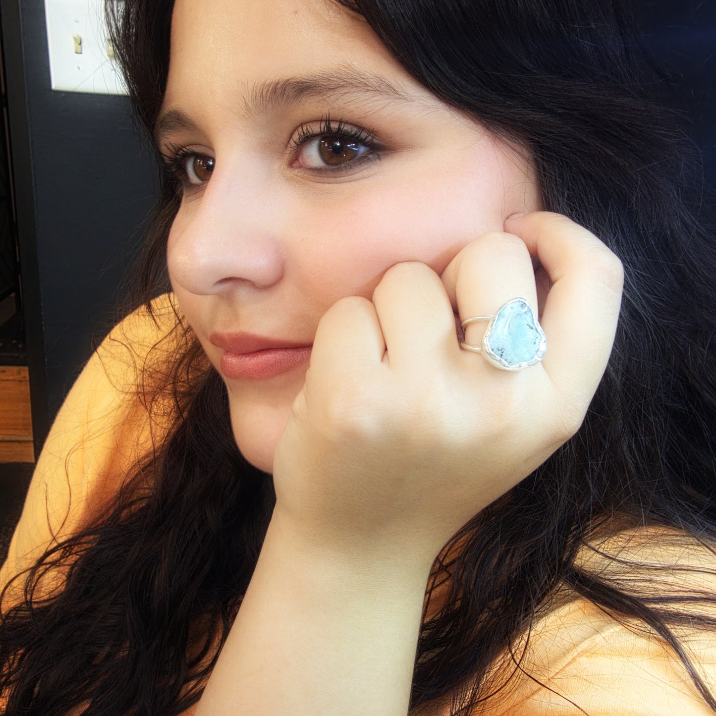 One-of-a-Kind Larimar Triangle Ring – Handmade in Fine Silver & Argentium Sterling Silver, Size 8 ¾