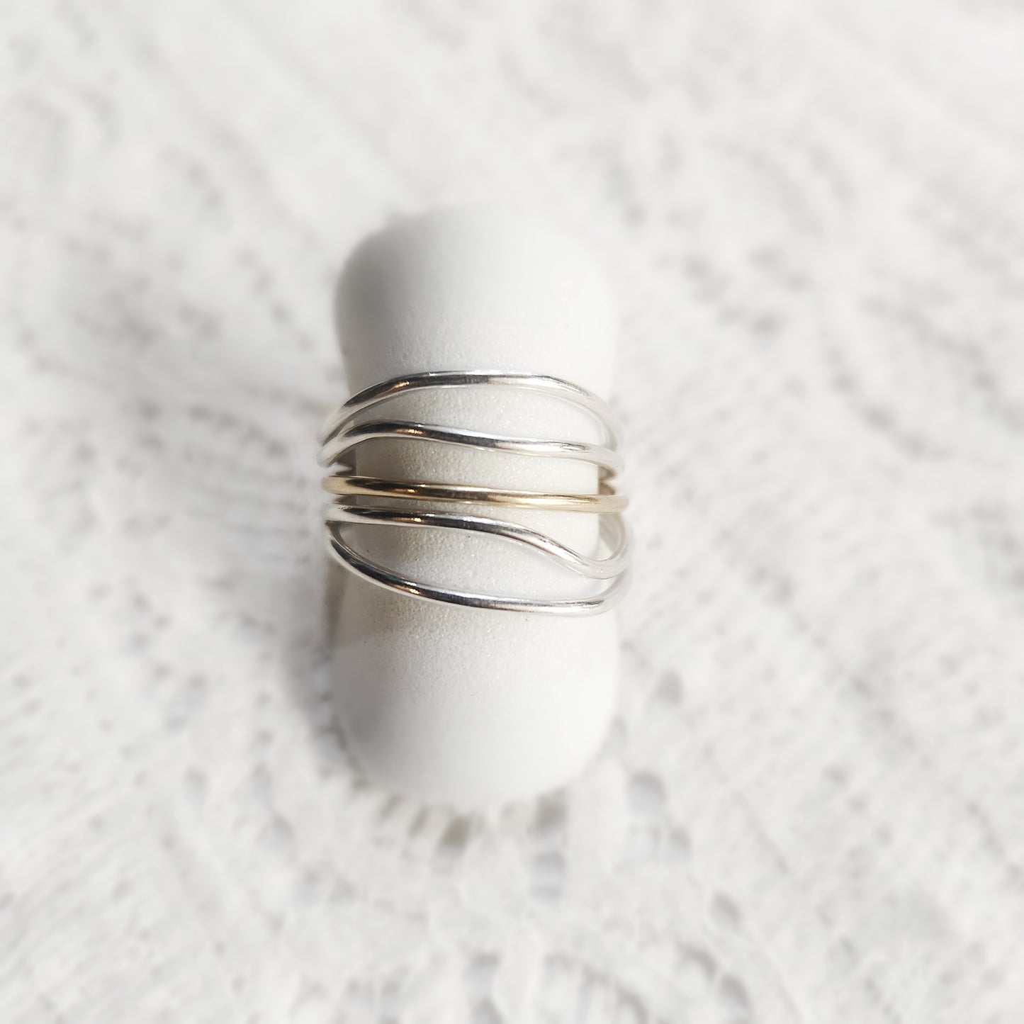 5 Strand Stacked Wave Ring – Argentium Silver with Yellow Gold or Bronze Accent | Modern Mixed Metal Statement Ring