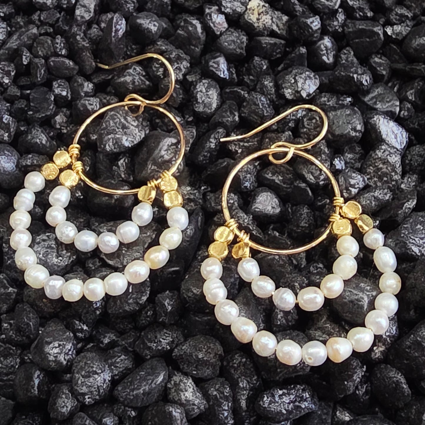 Layered Pearl Hoop Earrings – Gold-Filled with Hematite Accents