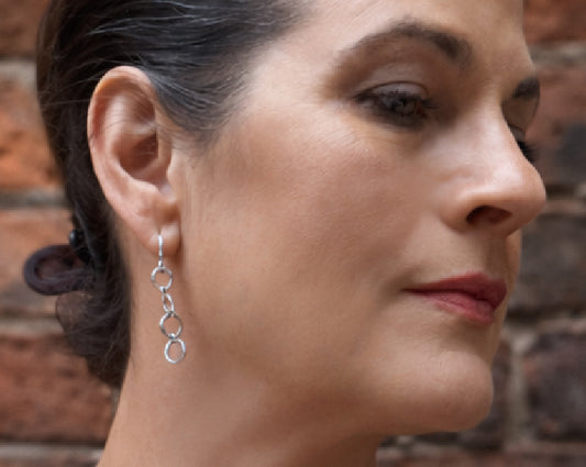 Erato Linear Earrings in Argentium Sterling Silver on model