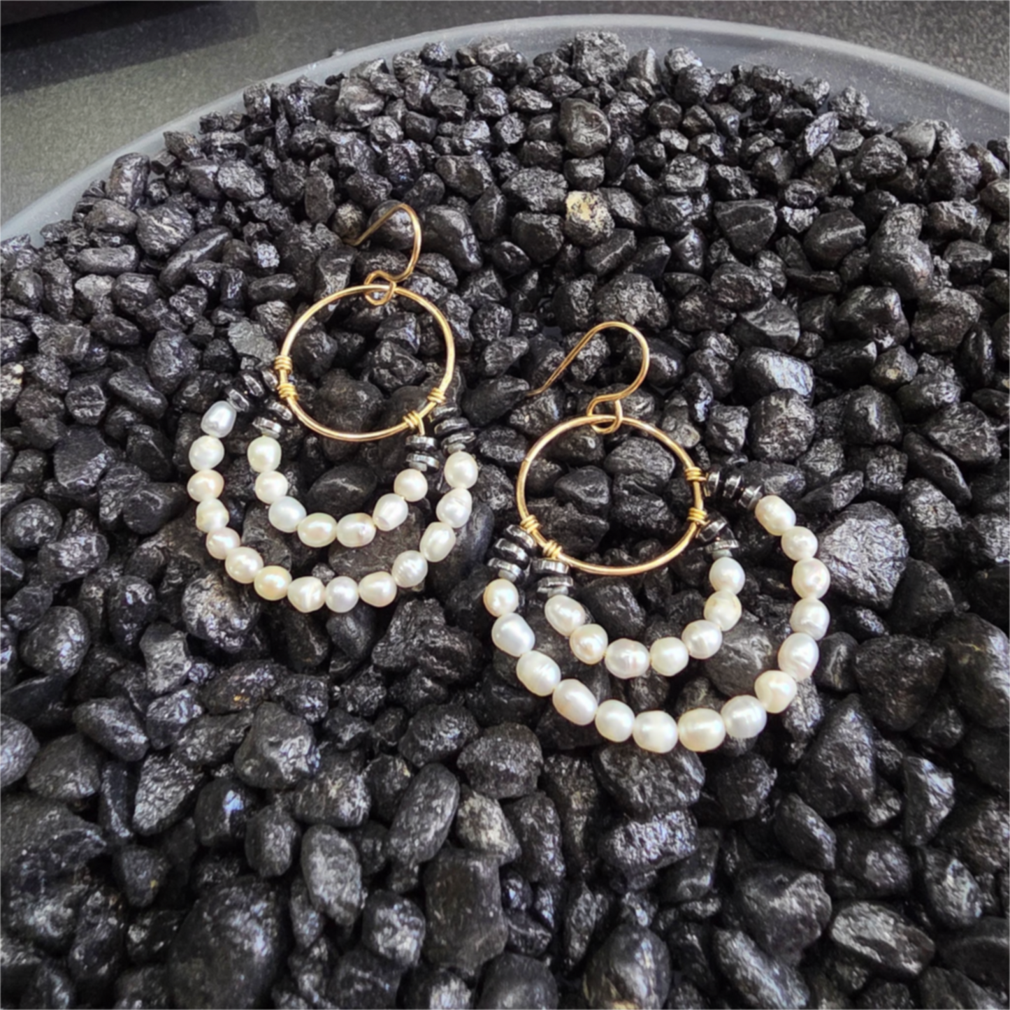Layered Pearl Hoop Earrings – Gold-Filled with Hematite Accents
