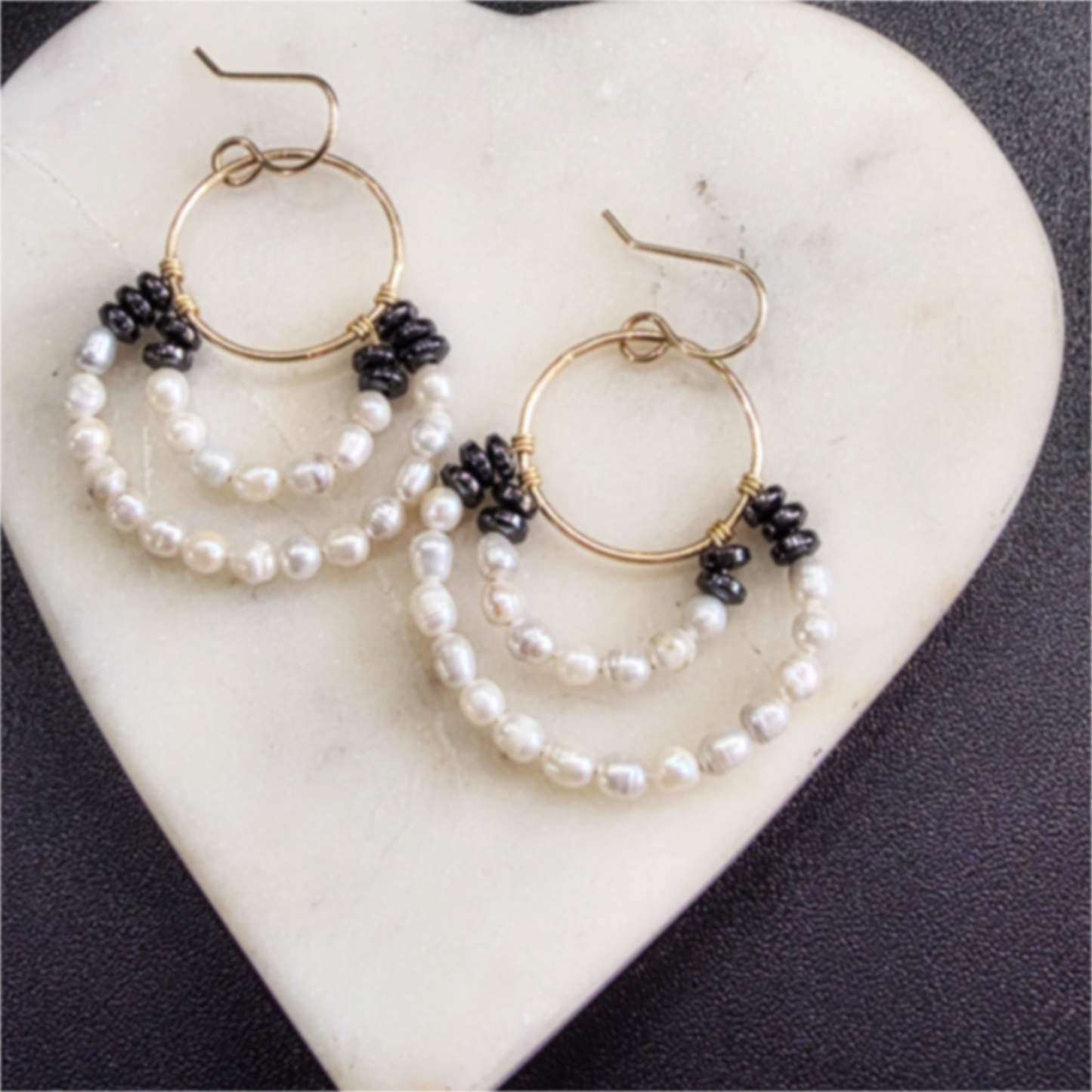 Layered Pearl Hoop Earrings – Gold-Filled with Hematite Accents