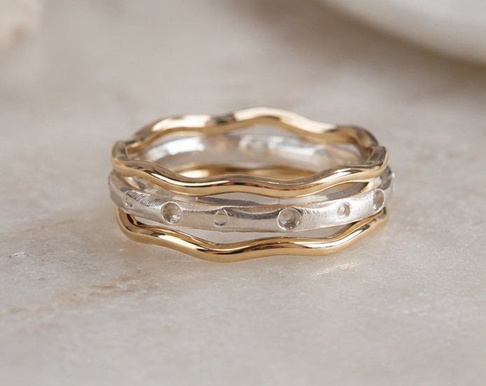 Trivera Ring Set — three forged bands in Argentium Silver and Gold-Filled by Lepa Jewelry