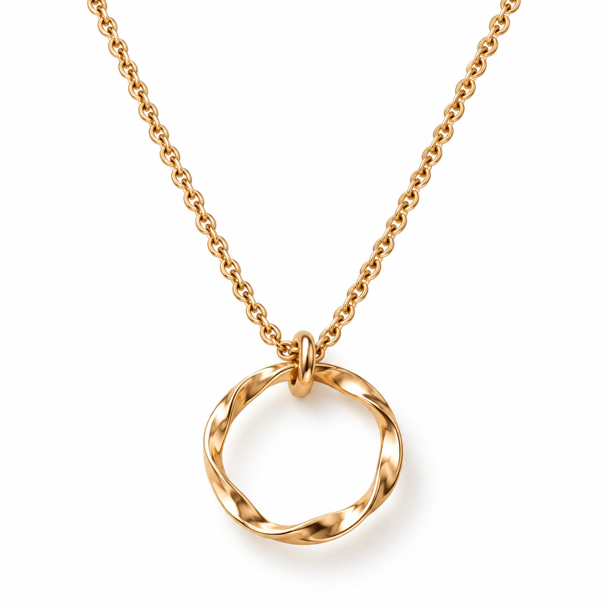 A gold chain necklace featuring a twisted open circle pendant, photographed against a clean white background.