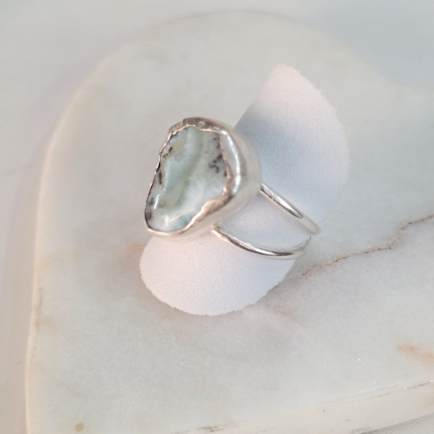 One-of-a-Kind Larimar Triangle Ring – Handmade in Fine Silver & Argentium Sterling Silver, Size 8 ¾