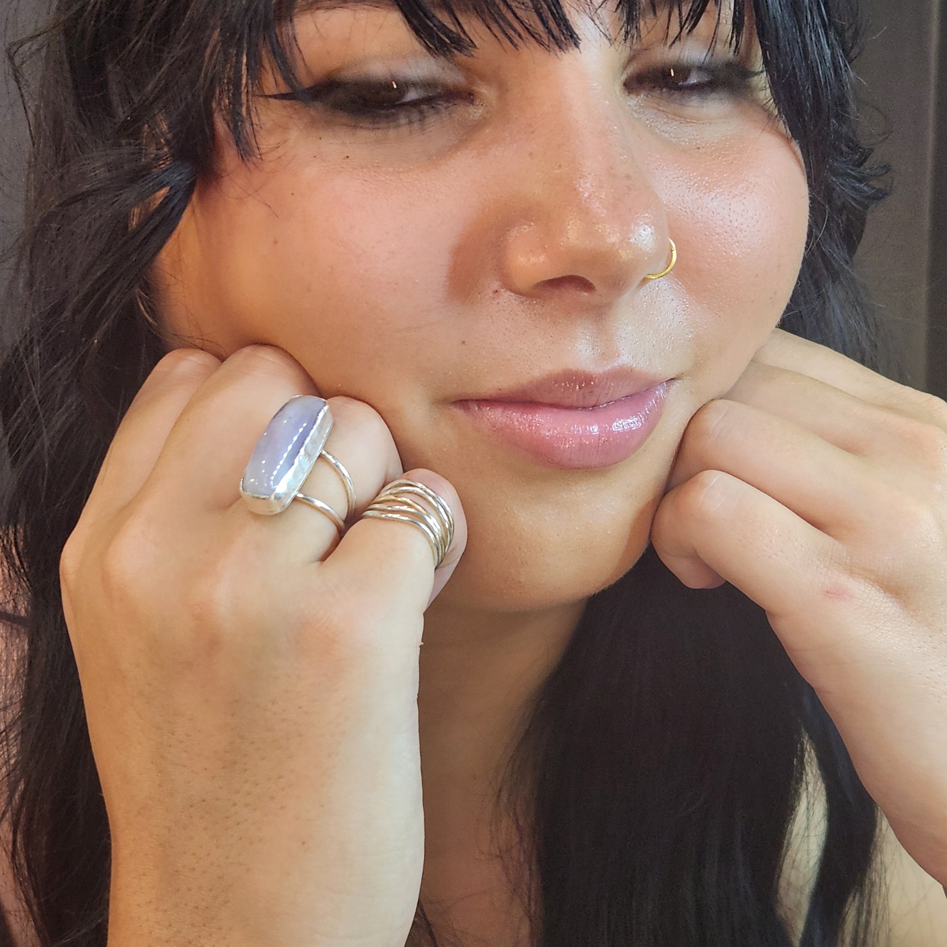 Handmade lavender agate ring worn on hand, showcasing size and fit of the statement ring