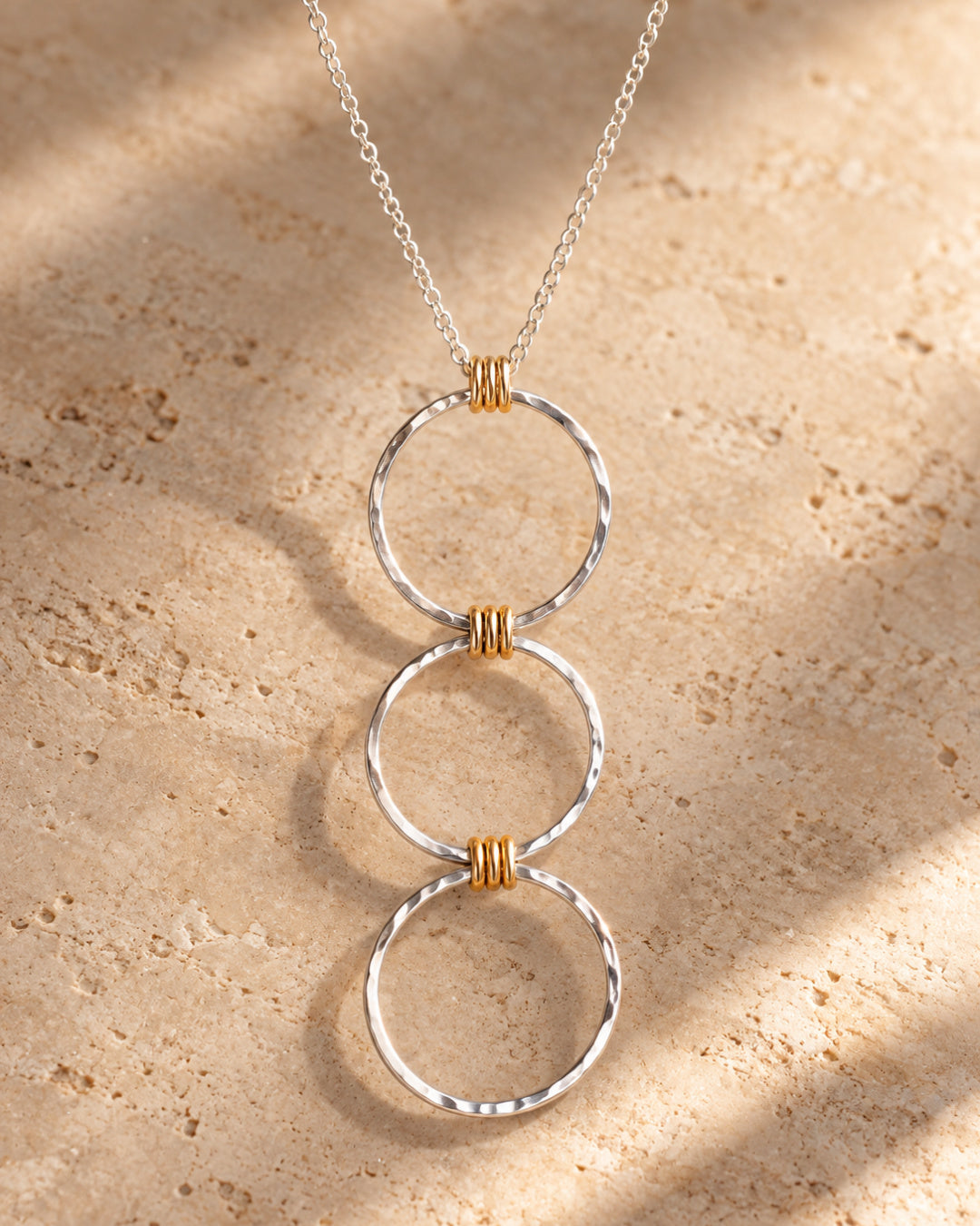 Linear Luxe Day Edition Necklace with three hammered Argentium silver circles and gold-filled accents